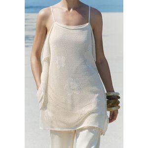 Cream Zara Boho Floral Open Knit Crochet Stitch Spaghetti Strap Tunic Top (NWT)